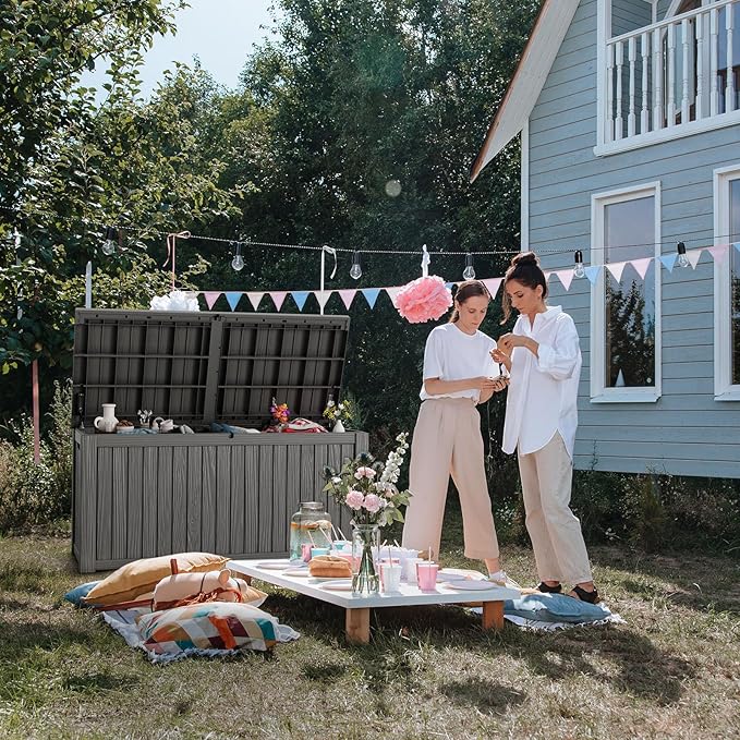 180 Gallon Deck Box Large Outdoor Storage for Patio Furniture,Outdoor Cushions,Garden Tools and Pool Supplies,Waterproof,Resin,Lockable(Grey)-HomvellaHome