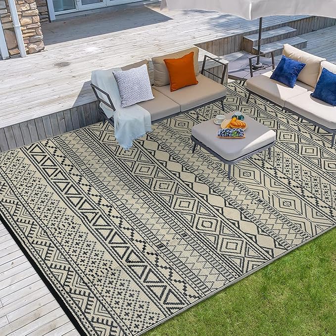 GAOMON Outdoor Rugs Patio Camping Waterproof Rug 6'x9' Plastic Straw Patio Rug Portable for Campers, Outside RVs Mat for Patios Clearance, Backyard Porch, Balcony, Black/Coffee(Bohemia)-HomvellaHome