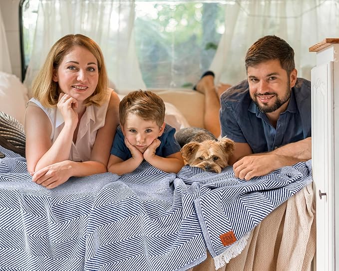 Gold Case Throw Blanket for Bed – 100% Recycled Turkish Cotton Bed Blanket – Decorative Throw Cotton Blankets for Living Room & Bedroom – Woven Twin Blankets - 71x90 - Navy Blue-HomvellaHome