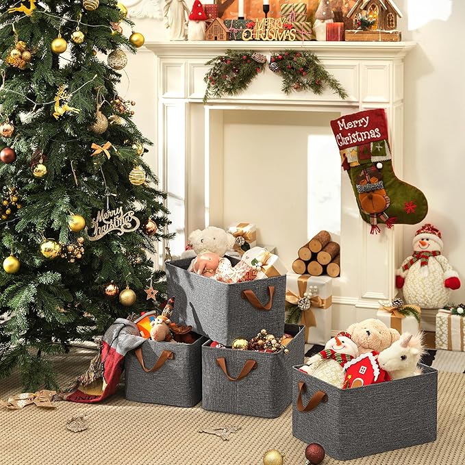 GRANNY SAYS Closet Storage Baskets, Collapsible Fabric Storage Bins with Metal Frame, Clothes Organizer Bins, Large Baskets for Shelves, Dark Gray, 4-Pack-HomvellaHome