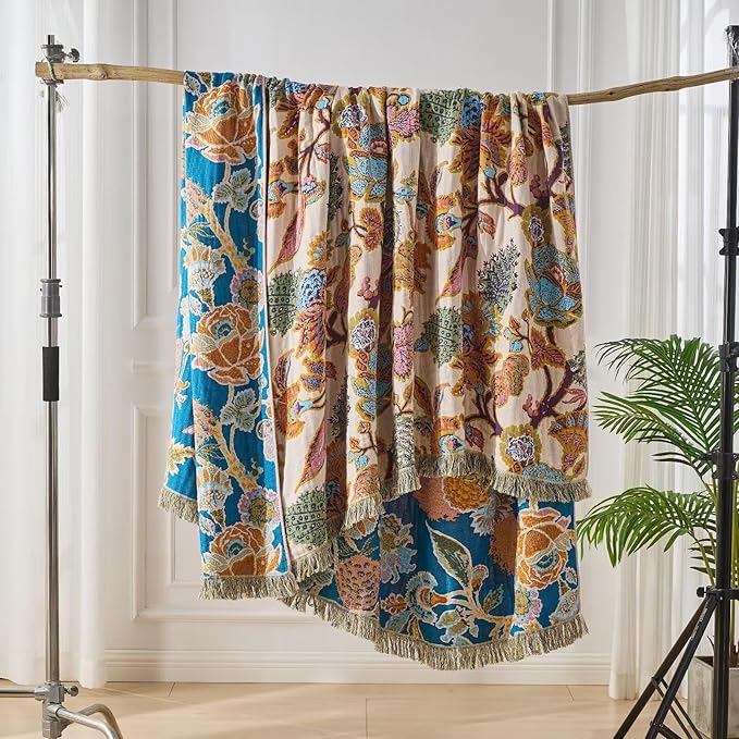 100% Muslin Throw Blanket for Couch, Butterfly and Floral Double Embroidery Fall Throw Blanket 60"x80" for Sofa, Chair, Woven Cotton Reversible Mexican Blanket-HomvellaHome