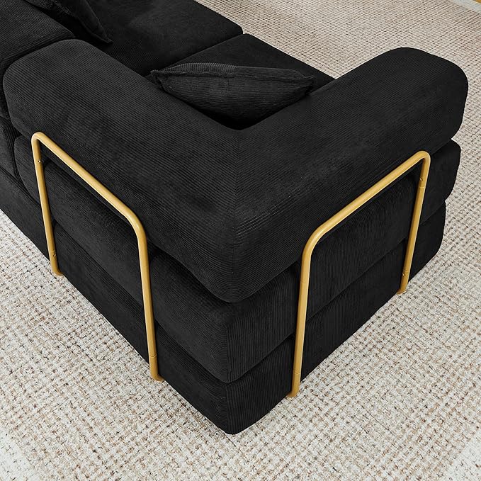 108" Oversized Convertible Sleeper Sofa Bed, Corduroy L Shape Sectional Couch, Folding Sofa Bed with Side Pocket, Modern Cloud Floor Mattress Couch, Modular Sofa for Living Room, Black-HomvellaHome