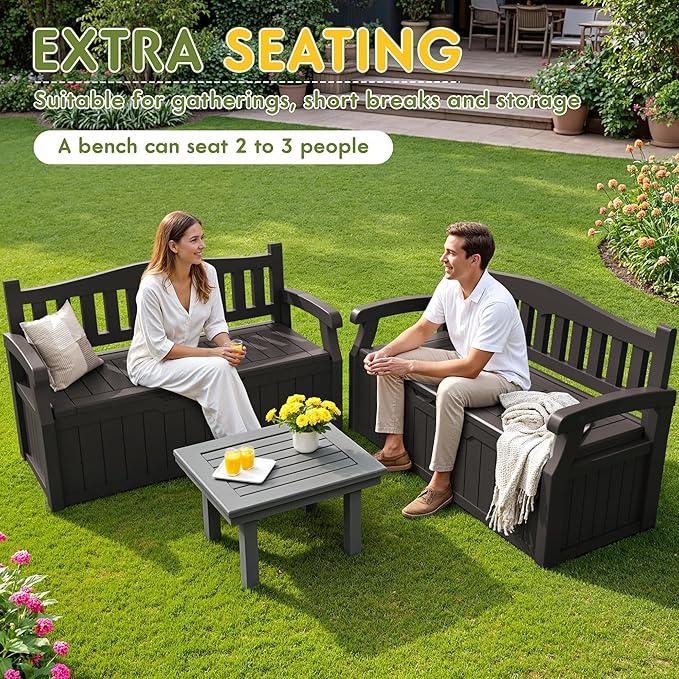 Greesum 80 Gallon Storage Bench Outdoor Deck Box with Armrest, Patio Furniture,Lockable, Waterproof and UV Resistant, Suitable for Garden, Pool, Brown-HomvellaHome