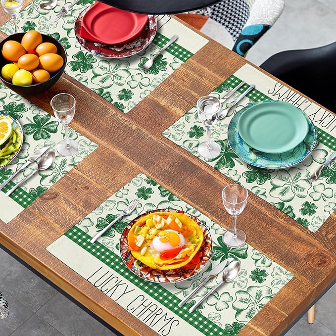 Green Shamrock St Patricks Day Placemats Set of 4 Lucky Clover Plaid Check Table Mat 12x18 Inch St. Patrick's Day Seasonal Holiday Place Mats Spring Linen Placemat for Party Kitchen Dining Decor-HomvellaHome