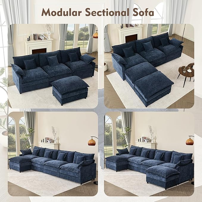 142.5" U Shaped Couch, Modular Sectional Sofa, 3-Seater Comfy Cloud Couch with Movable Ottoman, Deep Seat Couches for Living Room, Chenille, Navy-HomvellaHome