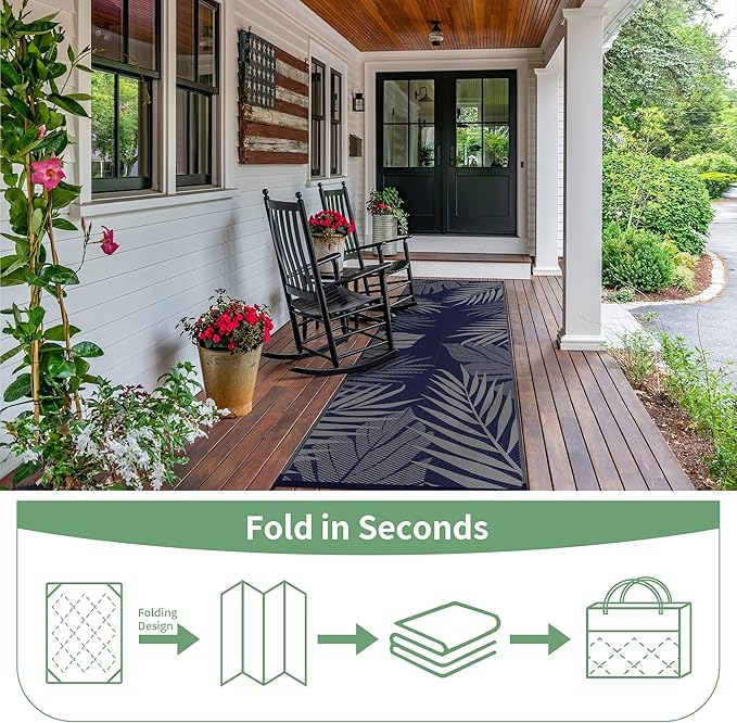 GENIMO Outdoor Rug 2.5' x 8' Waterproof for Patios Clearance, Reversible Outdoor Plastic Straw Camping Rug Carpet, Large Area Rugs Mats for RV, Camper, Deck, Balcony, Porch, Beach, Picnic, Blue&Grey-HomvellaHome