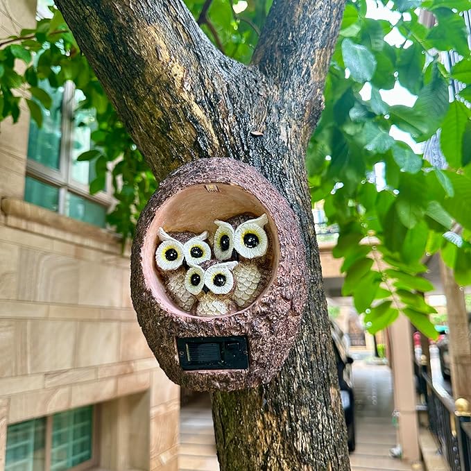 Garden Owl Family Tree Hugger Statue Solar Powered Outdoor Wall Mounted Figurine Light Resin Sculpture Home Decoration Housewarming Ornament Unique Gift-HomvellaHome