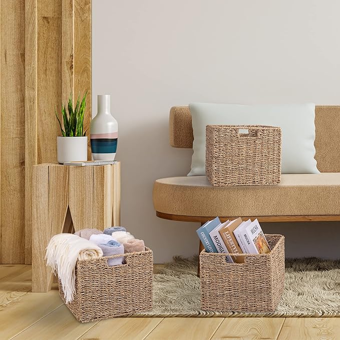12x12x10in Seagrass Storage Baskets Set of 4, Large Wicker Storage Basket, Decorative Seagrass Shelf Basket, Pantry Baskets Organization,Folding Storage Cube Bins-HomvellaHome