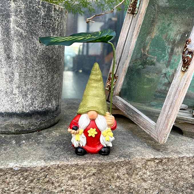 Garden Female Gnome Statue Decoration with Leaf Umbrella, 6.5” Figurine Ornament for Indoor Outdoor Home Patio Yard Lawn, for Gnome Lovers & Garden Enthusiasts,Mom,Women-HomvellaHome