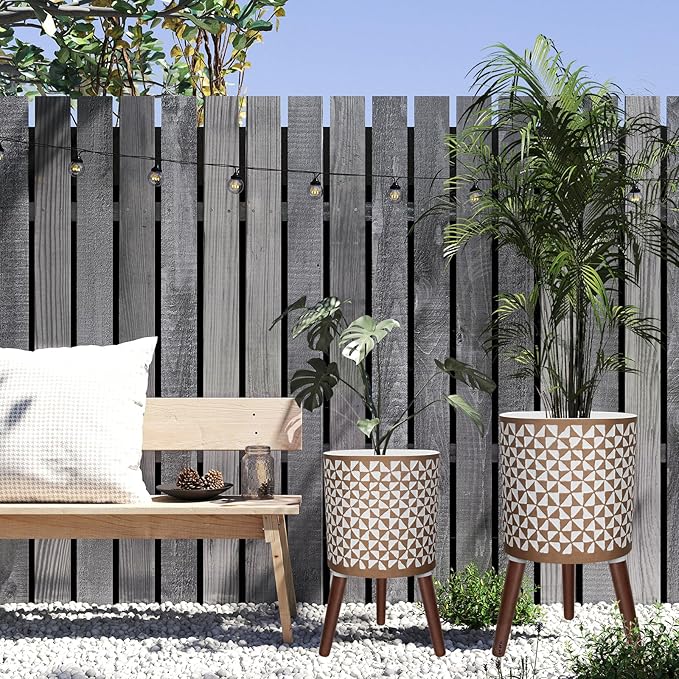 10 & 12 Inches Plant Pot with Stand, Large Modern Standing Planters for Indoor Outdoor Plants with Drainage Holes, Big Gold Floral Embossed Flower Pots with Legs-HomvellaHome