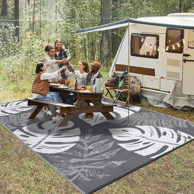 GAOMON Waterproof Outdoor Rug 8x10 Reversible Outdoor Plastic Straw Rug Modern Patio Carpet, Foldable Lightweight RV Camping Mat with Portable Bag & 4 Stakes, UV Resistant & Sturdy for Picnic, Grey-HomvellaHome
