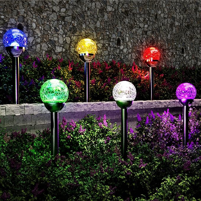 GIGALUMI Solar Outdoor, Cracked Glass Ball Solar Garden Lights, Color Changing Lights Outdoor,Garden LED for Path, Patio, Yard, 6 Pack Pathway-HomvellaHome