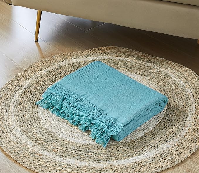 100% Cotton Muslin Throw Blanket for Bed, Couch, Small, Decorative, Soft, Pre-Washed, Breathable and Lightweight Gauze Blanket with Fringes, Suitable for All Seasons, Teal, 50"x60"-HomvellaHome