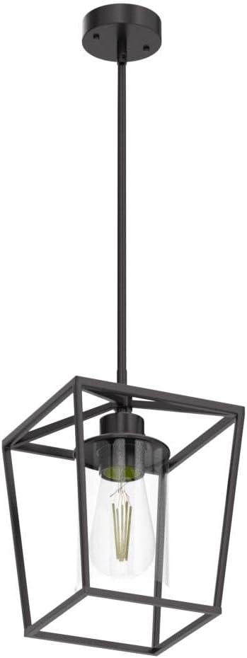 1-Light Black Pendant Light Fixture Farmhouse Iron Cage Metal Pendant Light Lantern Hanging Light Fixtures with Clear Glass Shade for Kitchen Island, Entryway, Dining Room, Hallway 5.9*5.9*8.27IN-HomvellaHome