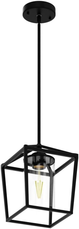 1 Pack Black Pendant Light Fixture Farmhouse Iron Cage Metal Pendant Light Lantern Hanging Light Fixtures with Clear Glass Shade for Kitchen Island, Dining Room, Hallway,Entryway1-HomvellaHome