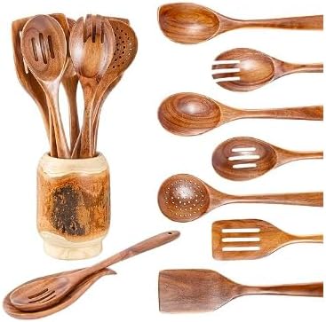 Gudamaye 13 inch Long Wooden Spoons for Cooking,Wooden Utensils for Cooking with Utensils Holder,9 PCES Wooden Kitchen Utensils Set with Utensils Holder and Spoon Rest,Natural Teak Wooden Spoons Set-HomvellaHome