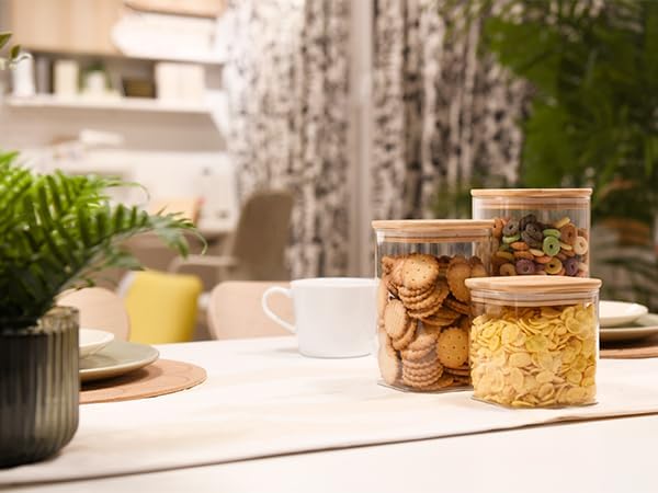 Glass Food Storage Jars Square 24oz, 4 Pack Glass Jars With Bamboo Lids, Kitchen Storage Containers For Spice, Candy, Cookie, Storage For Pantry Organizers-HomvellaHome