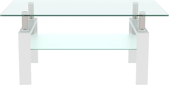 Glass Coffee Table Rectangle White Living Room Center Table, 39inch Transparent Tempered Glass Tabletop and Metal Frame, White + Clear Glass-HomvellaHome