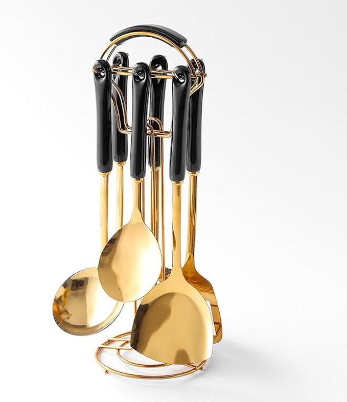 Generic Stainless Steel Kitchen Utensil Set, Spoon, Spatula, Pasta Server, Small Spatula (Black & Gold)-HomvellaHome