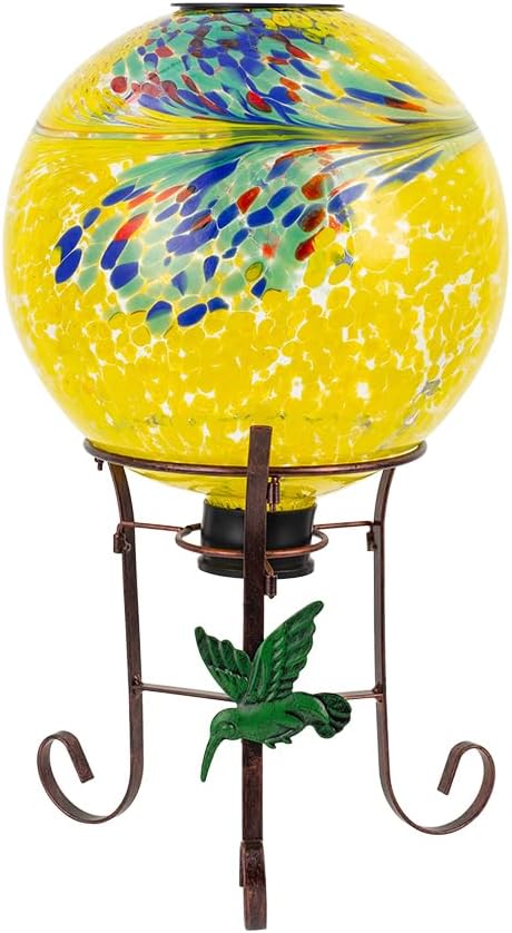 10" Diameter Solar Gazing Ball and 8.5" Metal Stand Indoor Outdoor Glass Globe Sphere Yard Art Ornament Solar Gazing Balls for Garden,Lawn,Porch,Patio Gardening Gift for Women(Yellow)-HomvellaHome