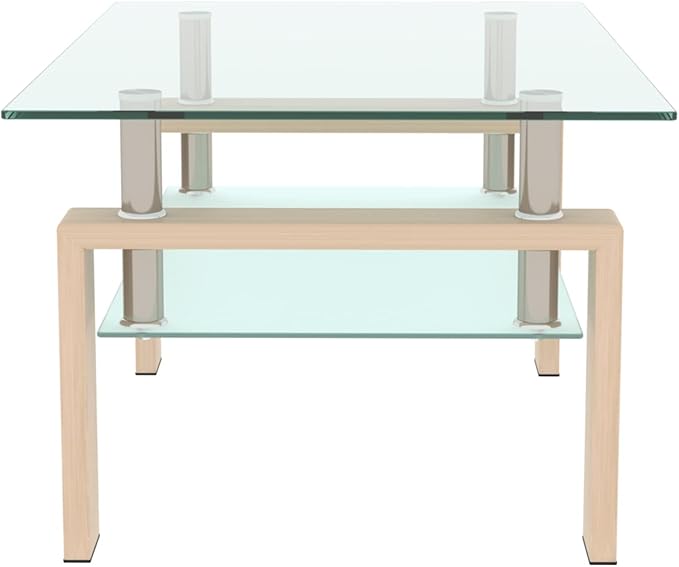 Glass Coffee Table Rectangle Living Room Center Table, 39inch Transparent Tempered Glass Tabletop and Beige Wood Grain Metal Legs, Beige + Clear Glass-HomvellaHome