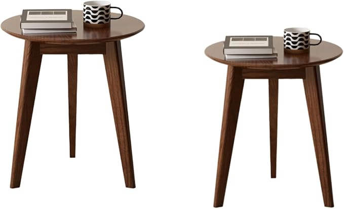 100% Solid Oak Round Side Table Set of 2, Small Bedside Table for Small Spaces, Living Room End Table with Stable Frame, Modern Nightstand for Bedroom Couch(Walnut, 17.71" D x 19.68" H)-HomvellaHome