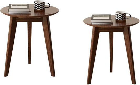 100% Solid Oak Round Side Table Set of 2, Small Bedside Table for Small Spaces, Living Room End Table with Stable Frame, Modern Nightstand for Bedroom Couch(Walnut, 17.71" D x 19.68" H)-HomvellaHome