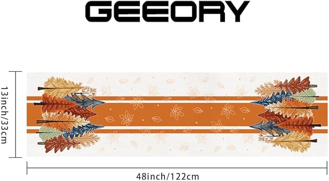 GEEORY Fall Watercolor Trees & Maple Leaves Striped Table Runner 13x48 Inch, Rustic Farmhouse Autumn Thanksgiving Decor for Kitchen, Dining, Indoor/Outdoor Holiday Dinner Party Orange GT157-48-HomvellaHome