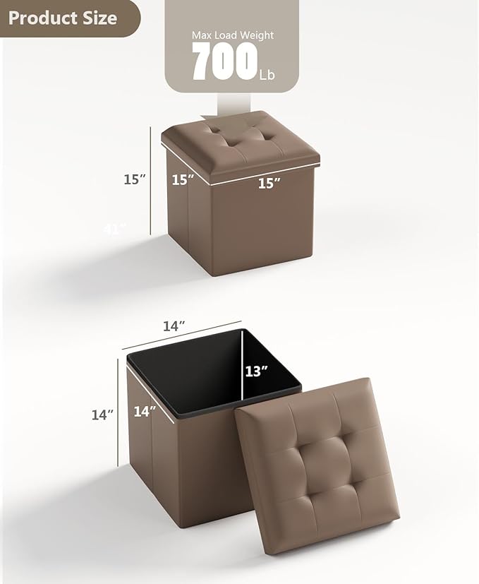 15 Inches Small Folding Storage Ottoman Cube, Storage Footrest, Foot Rest Stool, for Living Room, Bedroom, Dorm, Hallway, Entryway, Brown-HomvellaHome