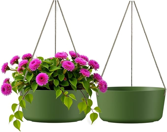10.7 Inch Hanging Planter for Outdoor Indoor Plants，2 Pack Hanging Flower Pots with Drain Holes for Garden Home Decor Use (Dark Green)-HomvellaHome