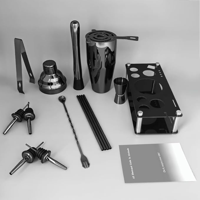 14-Piece Cocktail Shaker Set Bartender Kit with Black Stand, Bar Tool Set for Drink Mixing Bartending Kit Bar Sets Accessories: 750ml(25oz) Shaker, Jigger, Muddler, Cocktail Recipes (Black)-HomvellaHome