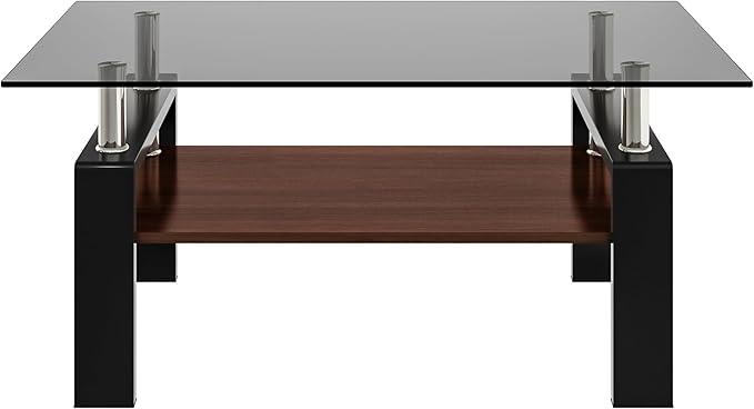 Glass Coffee Table Rectangle Living Room Center Table, with Gray Tempered Glass Tabletop and Brown MDF Layer,for Living Room and Office, Gray+Brown-HomvellaHome