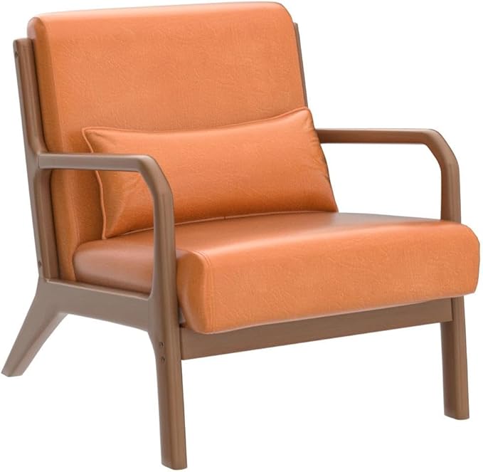 Glitzhome 30" H Mid Century Yellowish Brown Accent Armchair, Single Reading Sofa, PU Leather Lounge Chair with Walnut Ruberwood Frame for Livingroom or Office-HomvellaHome