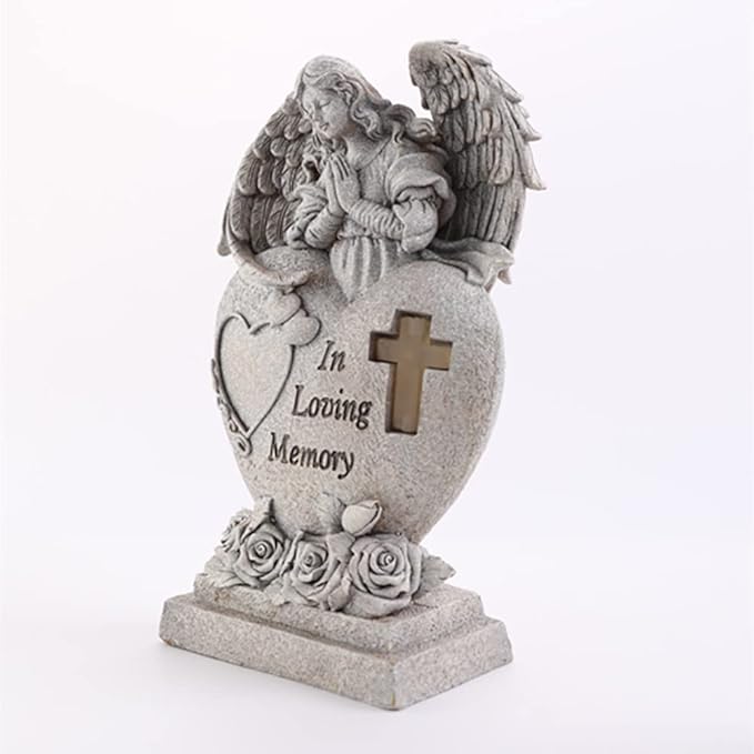 Garden Angel Statue with Cross Solar LED Light, Memorial Gifts for Loved Ones, Cemetery Grave Decorations-HomvellaHome