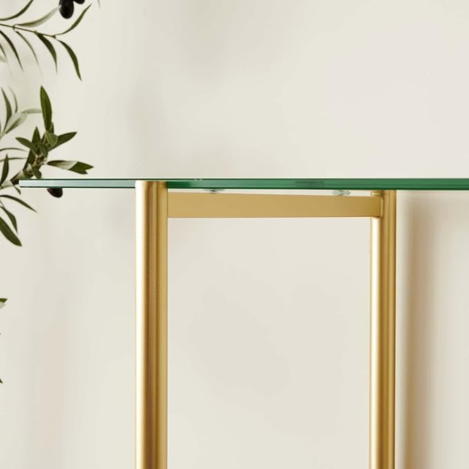 Glass Console Table for Living Room, Foyer & Entrance, 2-Tiers Mid-Century Modern Sofa Table with Clear Glass Top, Walnut Finish Wood Top and Gold Finish Metal Frame-HomvellaHome