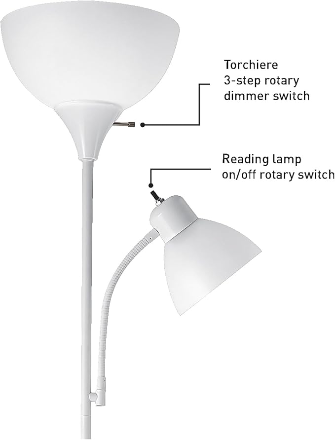 GLOBE Electric 67136 72" Torchiere Floor Lamp with Adjustable Reading Light, Matte White Finish, Frosted Shades, Rotary Switch on Socket, E26 Base-HomvellaHome