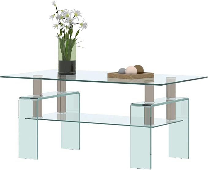 Glass Coffee Table for Living Room, Modern Rectangle All Tempered Glass Table 8mm Clear Transparent Top Home Furniture for Small Space Bearing 220LB-HomvellaHome