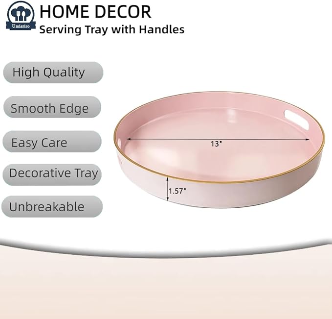 13" Pink Serving Tray with Handles,Round Decorative Tray for Coffee Table, Plastic Modern Coffee Table Tray for Ottoman, Living Room, Bathroom, Décor.-HomvellaHome