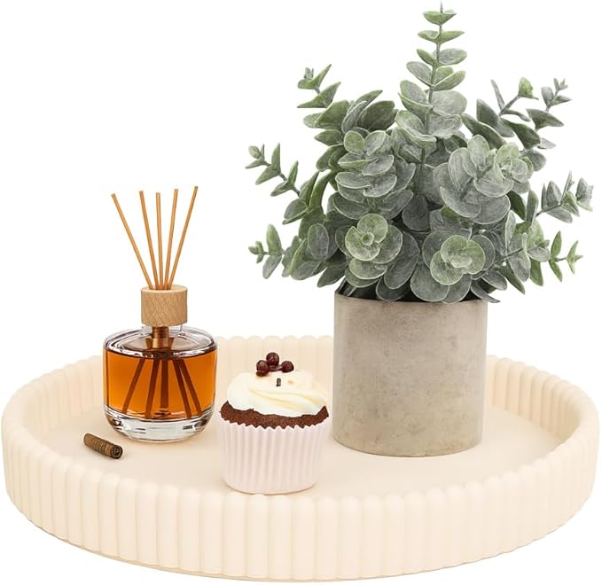 11.8in Decorative Tray for Coffee Table Decor- Modern Oval Concrete Tray for Home Decor- Minimalist Handcrafted Centerpieces Tray for Living Room, Kitchen Dining Table, Entryway (Beige)-HomvellaHome