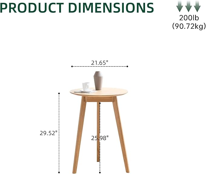 100% Solid Oak Small Tall Side Table, Mid Century Modern Coffee Table for Small Spaces, Living Room End Table with Stable Frame for Bedroom Couch, (Natural, 21.65" D x 21.65" W x 29.53" H)-HomvellaHome