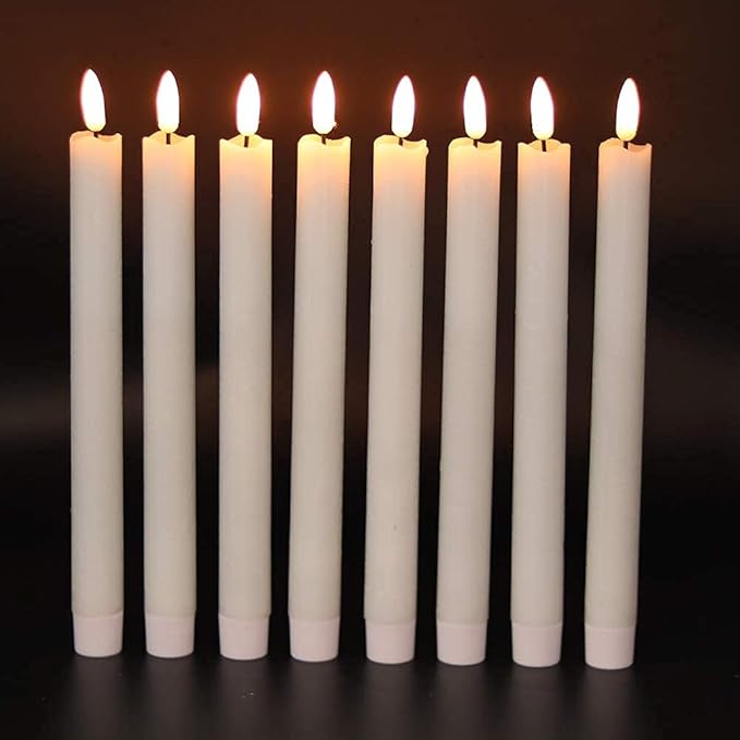 GenSwin Flameless Flickering Taper Candles with 2 Remote Controls and Timer, Real Wax 3D Wick Light Window Candles Battery Operated Pack of 8, Christmas Home Wedding Decor(White, 0.78 X 9.64 Inch)-HomvellaHome