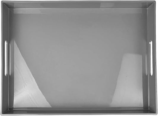 Grey Decorative Tray, Rectangular Large Serving Tray with Handles, Plastic Coffee Table Tray for Ottoman, Living Room, Kitchen Tabletop, 15.7” x 11.8” x1.6”-HomvellaHome