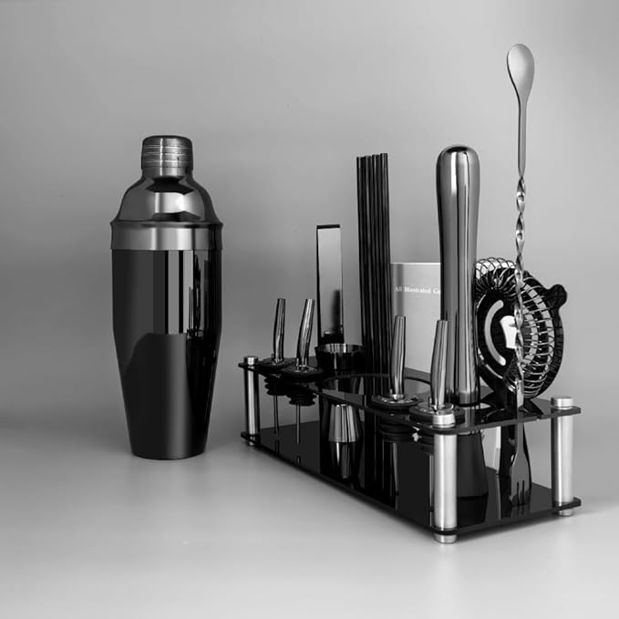 14-Piece Cocktail Shaker Set Bartender Kit with Black Stand, Bar Tool Set for Drink Mixing Bartending Kit Bar Sets Accessories: 750ml(25oz) Shaker, Jigger, Muddler, Cocktail Recipes (Black)-HomvellaHome