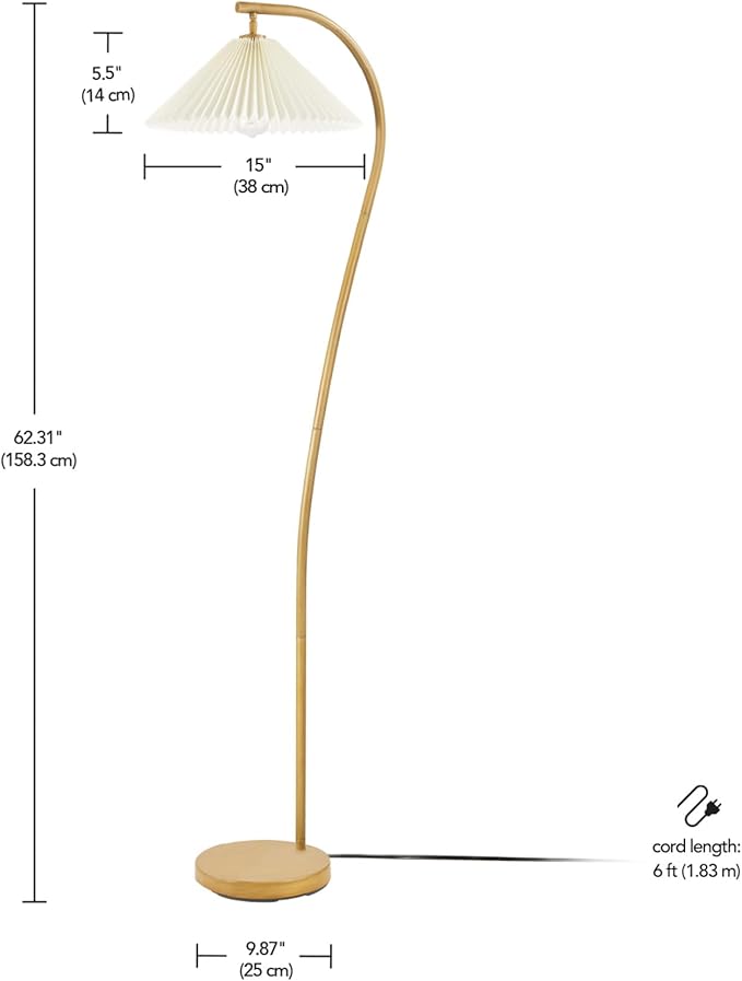 GLOBE Electric x Novogratz 61000043 62" Floor Lamp, Wood Toned, White Pleated Shade, Pivot Joint on Shade, On/Off Foot Switch, Black Cord, Modern Lighting for Living Room or Office-HomvellaHome