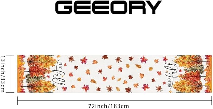 GEEORY Fall Watercolor Trees & Maple Leaves Table Runner 13x72 Inch, Rustic Farmhouse Autumn Thanksgiving Decor for Kitchen, Dining, Indoor/Outdoor Holiday Dinner Party Orange Red GT160-72-HomvellaHome