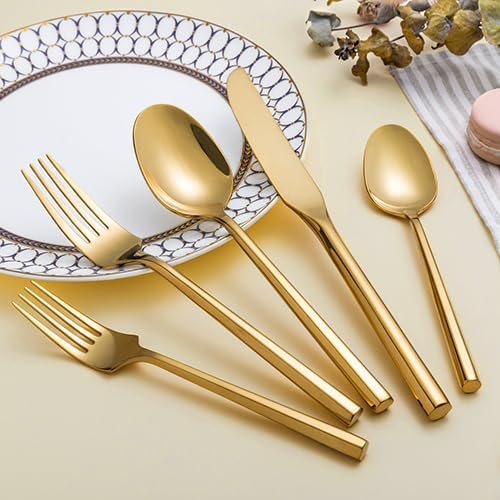 Gold Silverware Set Flatware Set Stainless Steel Cutlery Set 60 Pieces Thick Heavy Hexagon Handle Service for 12-HomvellaHome