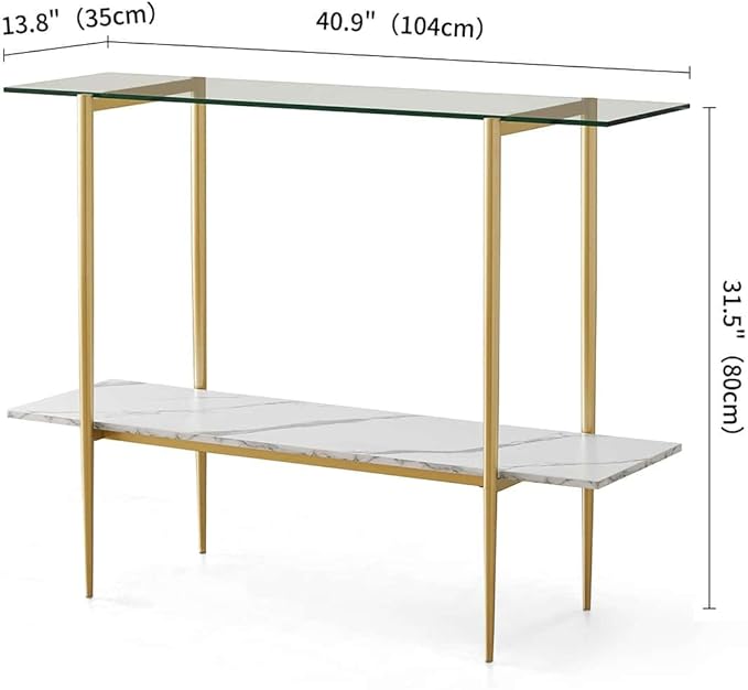 Glass Console Table for Living Room, Foyer & Entrance, 2-Tiers Mid-Century Modern Sofa Table with Clear Glass Top, White Marble Finish Wood Shelf and Gold Finish Frame-HomvellaHome