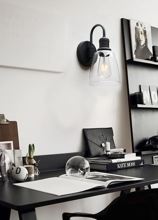 1-Light Vintage Wall Sconce, Yosoan Black Industrial Fixture Light with Elegant Gooseneck Curved Rod, Indoor Clear Glass Shade Wall Lamp Lighting for Bathroom Porch Kitchen Living Room Restaurant-HomvellaHome
