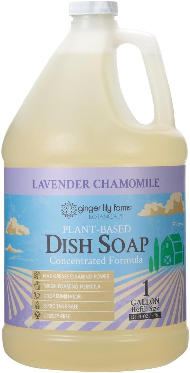 Ginger Lily Farms Botanicals Plant-Based Liquid Dish Soap, Concentrated Formula with Max Grease Cleaning Power, Cruelty-Free, Lavender Chamomile Scent, 1 Gallon Refill (128 Fl. Oz.)-HomvellaHome
