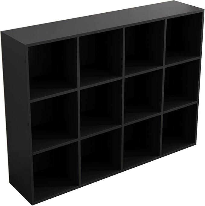 12-Cube Storage Shelf Bookcase - Wooden 3-Tier Floor Standing Open Bookshelf for Home and Office, Display Cabinet, Black-HomvellaHome